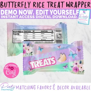 May include: A rice treat wrapper with a butterfly theme. The wrapper features a pastel color scheme with butterflies and floral accents. The text "Elizabeth's Treats" is prominently displayed. The wrapper also includes nutritional information.