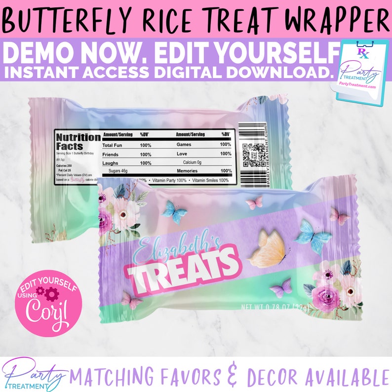 May include: A rice treat wrapper with a butterfly theme. The wrapper features a pastel color scheme with butterflies and floral accents. The text "Elizabeth's Treats" is prominently displayed. The wrapper also includes nutritional information.