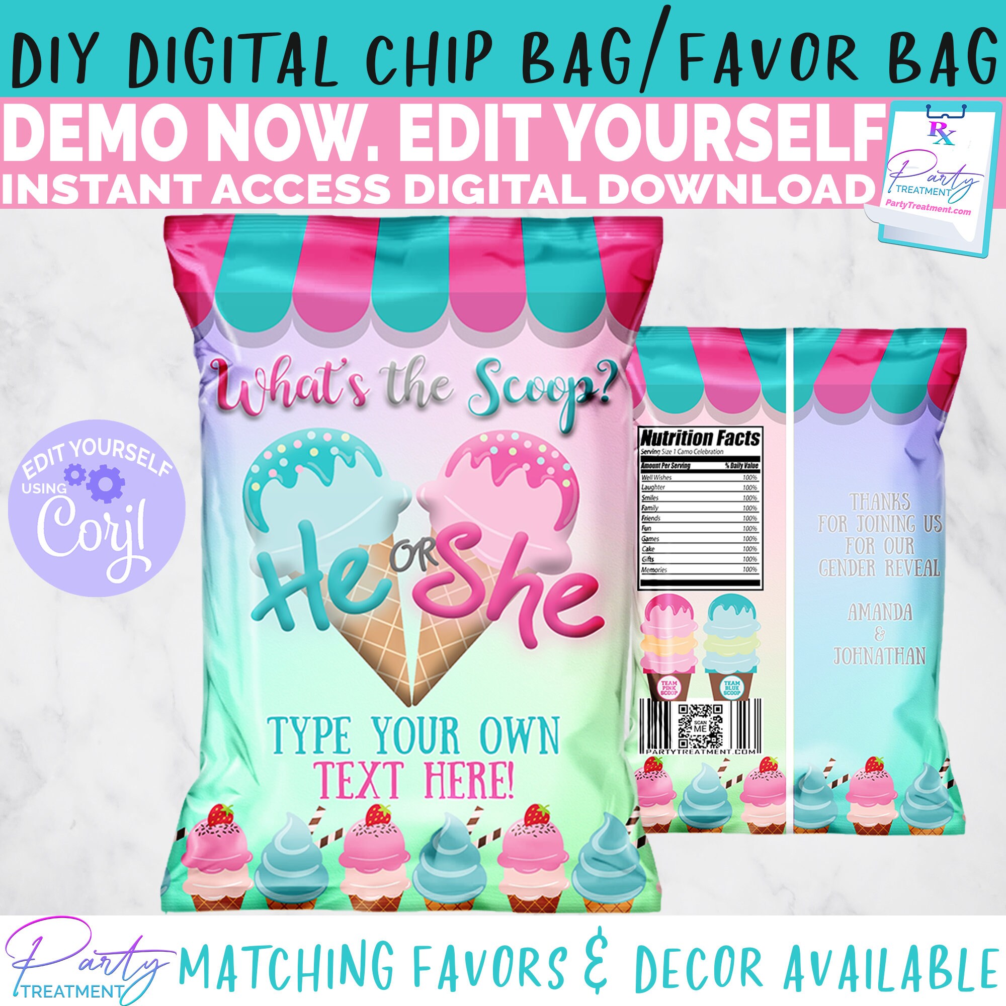 What's the Scoop Gender Reveal Chip Bag, What's the Scoop Favor Bag, Ice Cream Gender Reveal Party Favor, INSTANT ACCESS Digital Download