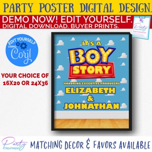 May include: A blue and yellow "It's a Boy" poster with a Toy Story theme. The poster features a red and yellow "Boy Story" title with lightbulbs around it. The poster also includes the text "Honoring Executive Producers Elizabeth & Johnathan" in white text on a blue background.