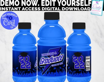 Blue Graduate Sports Drink Label, Graduation Juice Label, Graduation Party Favors, Editable INSTANT DOWNLOAD