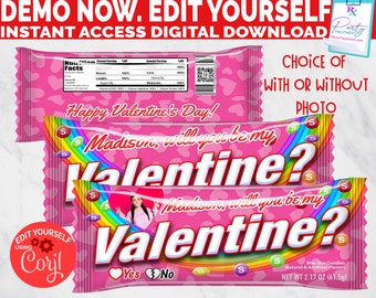 Personalized Candy Bag Wrapper, Will you be my Valentine Candy Wrapper, Valentines Day Party Favors, Instant Access DIGITAL DOWNLOAD