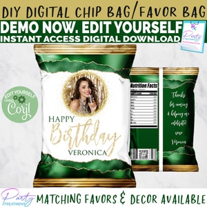 May include: A printable digital chip bag template with a green and gold design. The bag features a photo placeholder, the text "Happy Birthday Veronica", and a nutrition facts label. The bag is designed for a birthday party.
