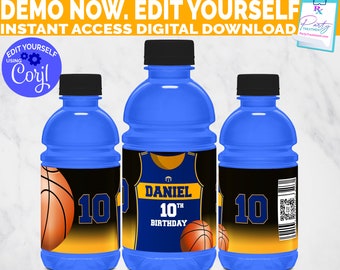 Blue and Gold Basketball Sports Drink Label, Basketball Juice Label, Basketball Birthday Party Favors, Editable INSTANT DOWNLOAD