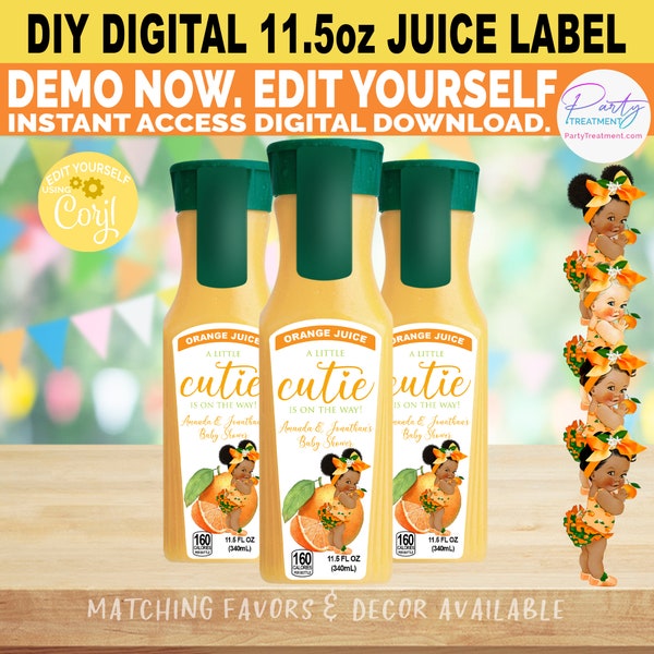 Little Cutie Baby Shower Party Favor Juice Label, A little cutie Is on the Way Juice Label, Baby shower orange juice label INSTANT DOWNLOAD