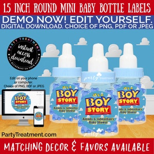 Boy Story Baby Shower Bottle Labels: 1.5" Mini Stickers (Digital Download)