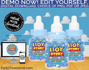 It's A Boy Story Baby Bottle Label, Boy Story Mini Baby Bottle Sticker, It's a Boy Story Mini Baby Bottle Favor Label INSTANT DOWNLOAD