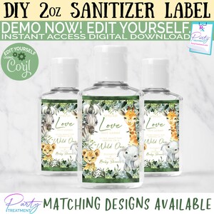 May include: Three 2-ounce hand sanitizer bottles with labels featuring a jungle animal theme. The labels are green and feature a zebra, giraffe, and elephant with the text "Spread Love Not Germs" and "Wild One".