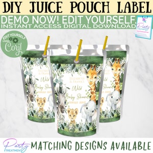 May include: Three printable juice pouch labels with a jungle theme. The labels feature a giraffe, zebra, elephant, and lion with green foliage and the text "Wild Baby Shower Jungle Juice".