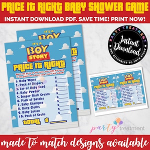 Puede incluir: Un juego de baby shower imprimible "Price It Right" con un tema de "Toy Story" en azul y amarillo. El juego presenta una lista de art&iacute;culos para beb&eacute;s con espacios en blanco para escribir las estimaciones de precios. El juego se titula "It's a Boy Story Price It Right".