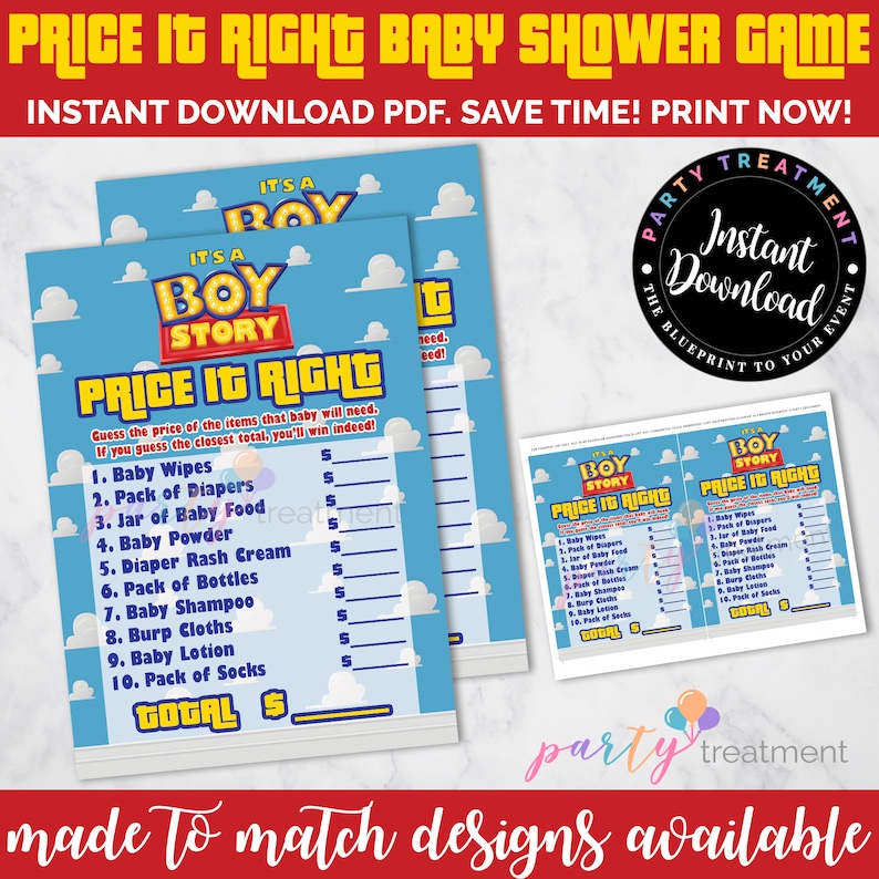Puede incluir: Un juego de baby shower imprimible "Price It Right" con un tema de "Toy Story" en azul y amarillo. El juego presenta una lista de art&iacute;culos para beb&eacute;s con espacios en blanco para escribir las estimaciones de precios. El juego se titula "It's a Boy Story Price It Right".