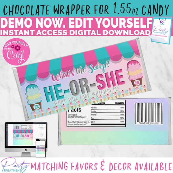 What's the Scoop Gender Reveal Chocolate Bar Wrapper, Ice Cream Gender Reveal Candy Bar Party Favor, INSTANT ACCESS Digital Download