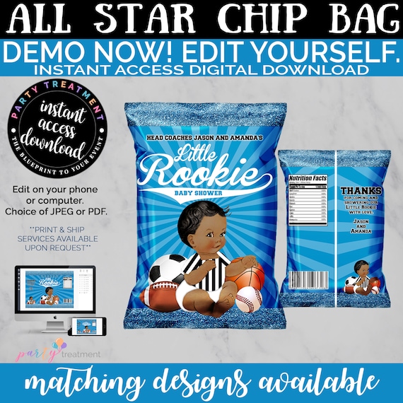 African American All-Star Sports Baby Shower Chip Bag Favor Bag Gift Bag, allstar baby shower, little rookie, INSTANT DOWNLOAD