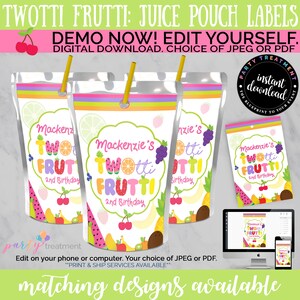 Puede incluir: Etiquetas de bolsas de jugo con un tema de frutas coloridas. Las etiquetas dicen "Twotti Frutti" y "2nd Birthday" con varias frutas. La imagen incluye una opci&oacute;n de descarga digital y el texto "Demo Now! Edit Yourself."