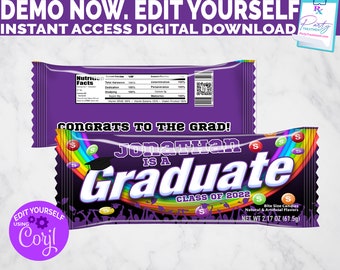 Graduation Party Favor Wrapper class of 2022, Purple Graduation Rainbow Candy Wrapper, Instant Access DIGITAL DOWNLOAD