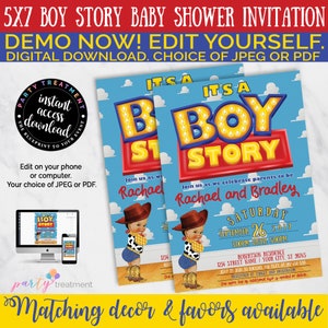 It's A Boy Story Baby Shower Invitation, Tan Light Brown Cowboy Boy Story, Editable Baby Shower Invitation, INSTANT DOWNLOAD