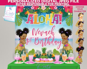Luau Baby Shower Banner, African American Afro Baby Girl Aloha Baby Shower Banner, Aloha Backdrop, Luau Decorations