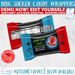May include: Red and blue printable candy wrappers with a video game theme. The wrapper features a Nintendo Switch controller with a red jewel on top. The text on the wrapper says "Jameson Your Mission: Collect the Most Rings".