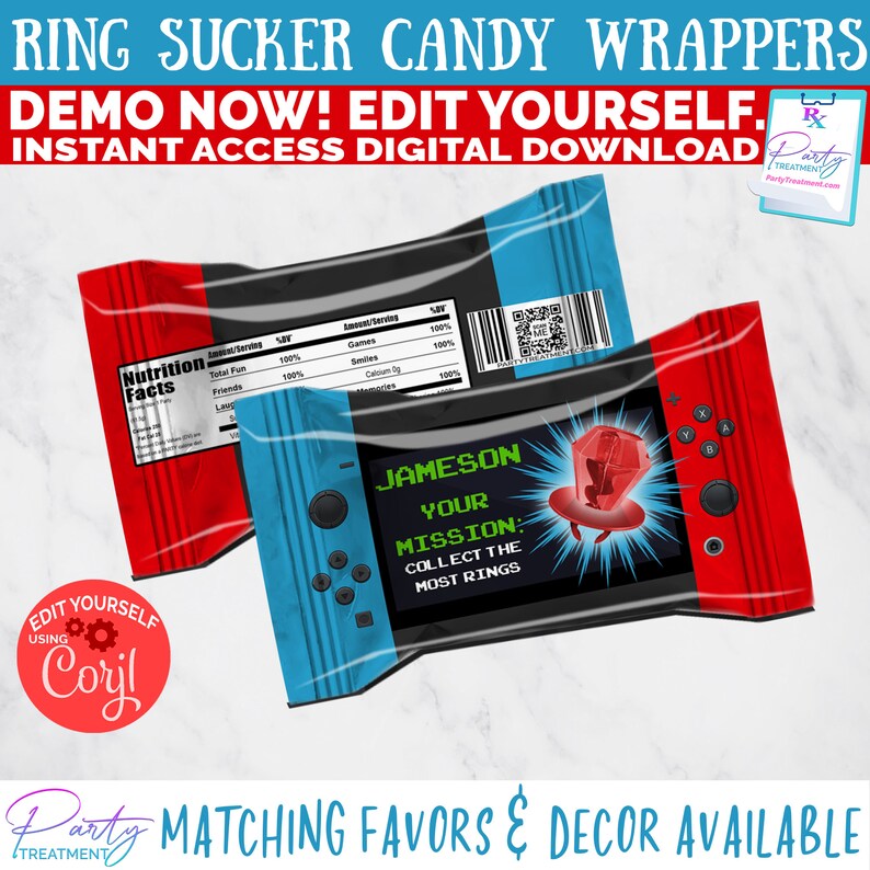 May include: Red and blue printable candy wrappers with a video game theme. The wrapper features a Nintendo Switch controller with a red jewel on top. The text on the wrapper says "Jameson Your Mission: Collect the Most Rings".