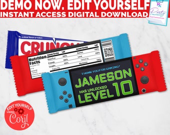 Editable Video Game Chocolate Bar Wrapper: Gamer Party Favor (Digital Download)
