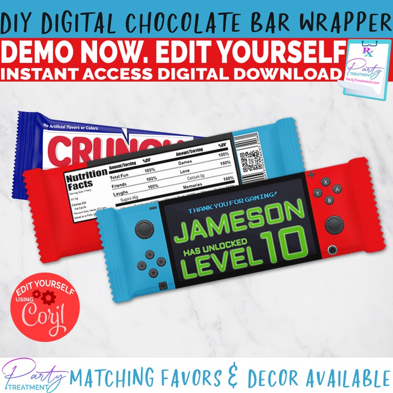 Editable Video Game Chocolate Bar Wrapper: Gamer Party Favor (Digital Download) image 1