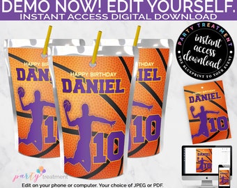 Basketball Juice Label, Basketball Juice Pouch, Basketball Birthday Party, Basketball Party Favors, Purple and Gold INSTANT DOWNLOAD