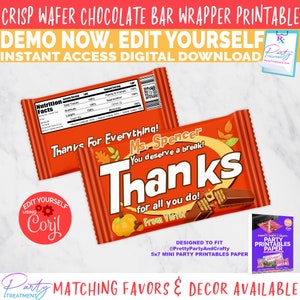 Thanksgiving Candy Bar Wrapper Printable, Thanks You Deserve A Break, Party Favor for Thanksgiving, Teachers, Class INSTANT ACCESS Download image 1