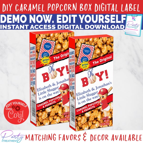 Caramel Popcorn Baseball Baby Shower label, Baby Boy Baseball popcorn party favor, Oh Boy Baseball baby shower, Editable INSTANT DOWNLOAD