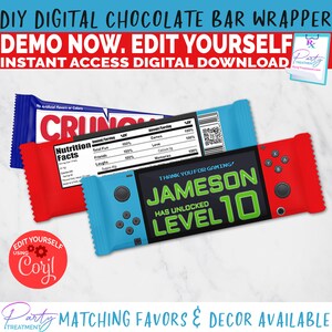 May include: A blue and red video game controller chocolate bar wrapper with the text "Thank you for gaming! Jameson has unlocked level 10".