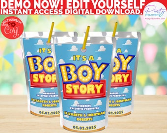 Boy Story EDITABLE juice label, Boy Story juice pouch label, Boy Story party favor juice, Boy Story Baby Shower Juice label DIGITAL DOWNLOAD