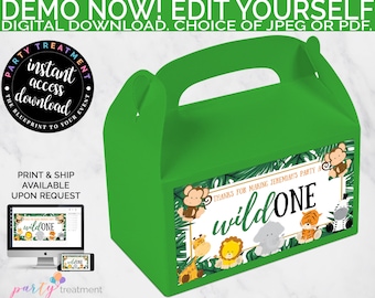 Jungle 1st Birthday Gable Box Label: Safari Favor Sticker (INSTANT DOWNLOAD)