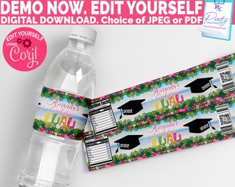 Editable Luau Graduation Water bottle label, Hawaiian Graduation label, Beach Luau water label INSTANT ACCESS Digital Download