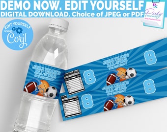 Editable All Star Sports Water Bottle Label, Sports Birthday Water Label, Allstar Birthday, Sports Party,  INSTANT ACCESS Digital Download