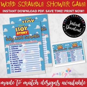Puede incluir: Un juego de baby shower imprimible con un fondo azul y blanco con los personajes de la pel&iacute;cula Toy Story. El juego se llama "Baby Word Scramble" e incluye una lista de palabras relacionadas con los beb&eacute;s que deben descifrarse. El juego est&aacute; disponible para descargar instant&aacute;neamente.