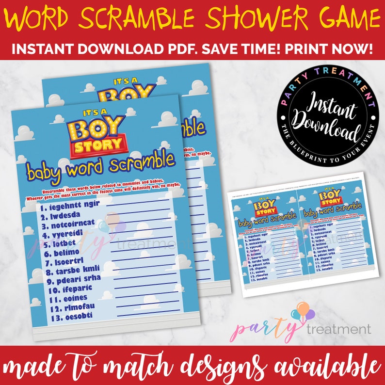 Puede incluir: Un juego de baby shower imprimible con un fondo azul y blanco con los personajes de la pel&iacute;cula Toy Story. El juego se llama "Baby Word Scramble" e incluye una lista de palabras relacionadas con los beb&eacute;s que deben descifrarse. El juego est&aacute; disponible para descargar instant&aacute;neamente.