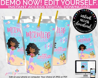 Mermaid Valentine, We Mermaid to Be Friends Valentine Favor, Juice Pouch Label, Class Valentine, African American Printable INSTANT DOWNLOAD