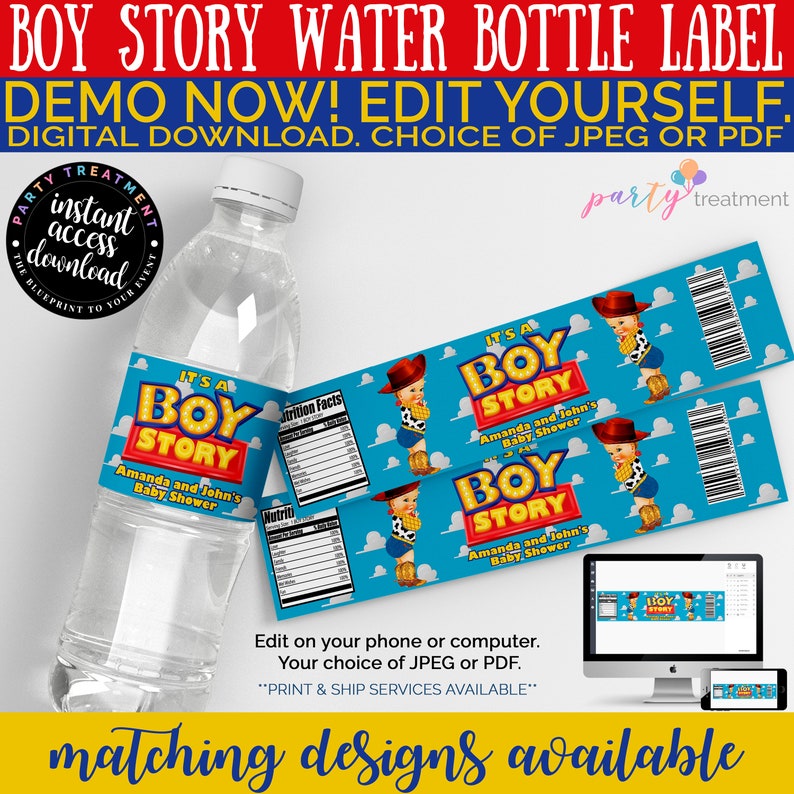 May include: Editable water bottle label featuring a cartoon Woody from Toy Story. The label is blue with white clouds and says "It's a Boy Story" with the text "Amanda and John's Baby Shower".