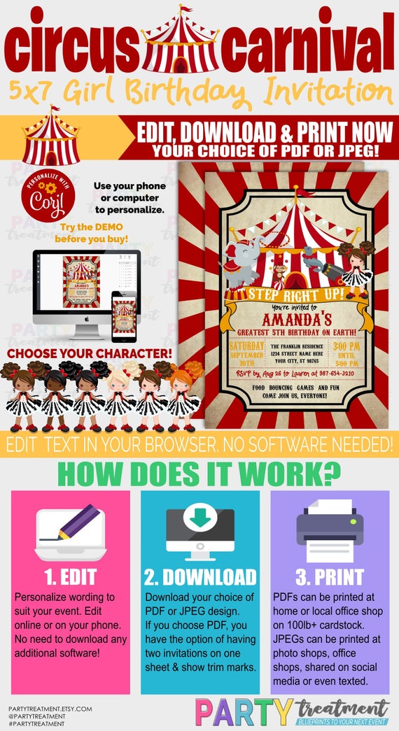 Circus Birthday Invitation Carnival Birthday Invitation Girl Etsy