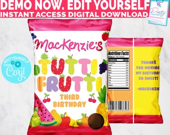 Tutti Frutti Chip Bag, Tutti Frutti favor bag, Tutti Frutti Birthday, Tutti Frutti Party Favor, Editable Instant Access INSTANT DOWNLOAD