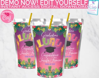 Luau Graduation Editable Juice label, Graduation Luau Juice Pouch label, Hawaiian Beach label, INSTANT DOWNLOAD