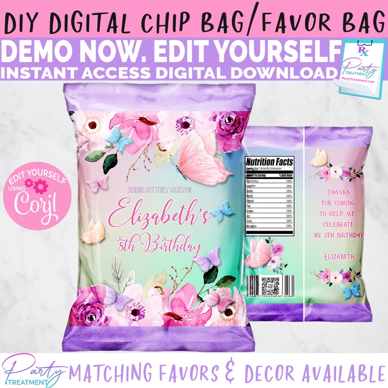 May include: Digital chip bag design with a floral and butterfly theme. The design features pink and purple flowers, butterflies, and the text "Elizabeth's 5th Birthday." The bag includes a nutrition facts label and a thank you message.