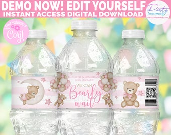 We Can Bearly Wait printable water bottle label, Pink Teddy Bear baby shower water label, Bearly Wait water bottle label INSTANT DOWNLOAD