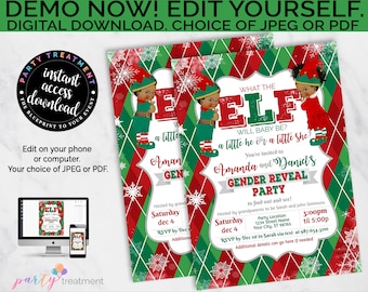 What the Elf Gender Reveal Invitation, Christmas Gender Reveal Invitation, African American, INSTANT ACCESS, Instant Download, Design 207