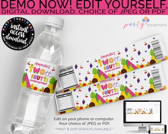 Twotti Frutti Water Bottle Label: Editable Fruity Party (Instant Download)