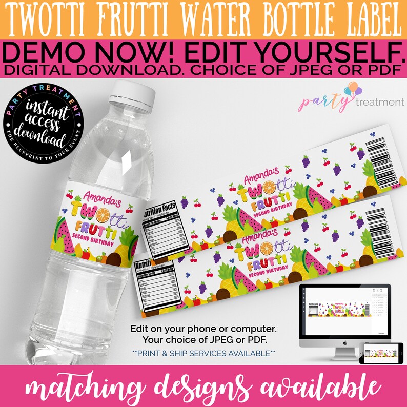 Puede incluir: Una botella de agua de pl&aacute;stico transparente con una etiqueta colorida con el texto "Twotti Frutti" y varias frutas. La etiqueta est&aacute; dise&ntilde;ada para una fiesta de segundo cumplea&ntilde;os. La imagen tambi&eacute;n muestra una opci&oacute;n de descarga digital.