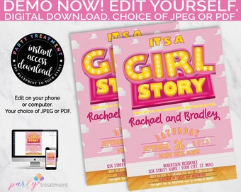 Editable Girl Story Baby Shower Invitation, It's A Girl Story, Pink Baby Shower Invitation, Editable INSTANT DOWNLOAD