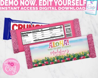 Editable Aloha Luau Birthday Chocolate Bar Wrapper, Aloha Birthday Party Favor chocolate wrapper, Luau Candy Wrapper INSTANT ACCESS download