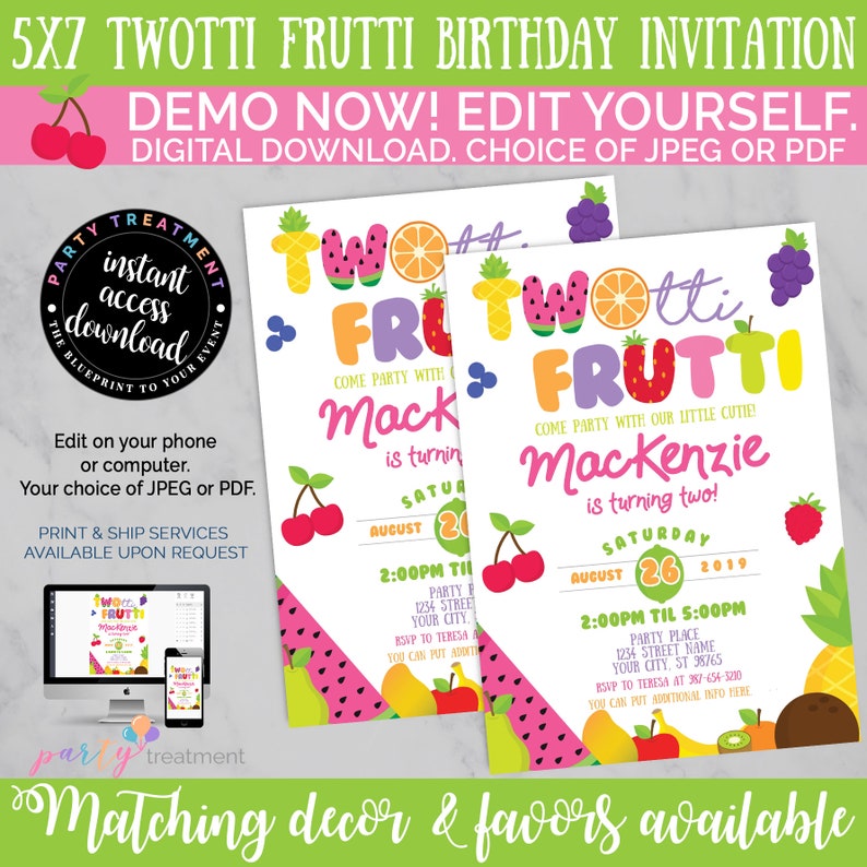 Puede incluir: Invitaci&oacute;n de cumplea&ntilde;os "Twotti Frutti" de 5x7 con un tema de frutas colorido. El dise&ntilde;o incluye cerezas, sand&iacute;a y otras frutas. La invitaci&oacute;n es personalizable y est&aacute; disponible como descarga digital en formato JPEG o PDF.