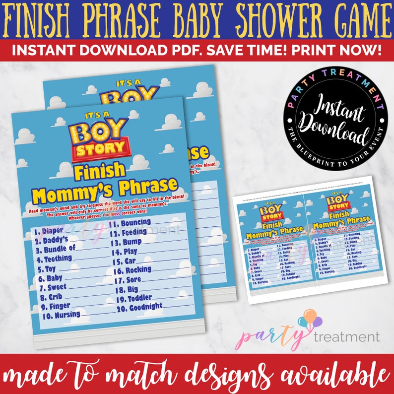 Boy Story Baby Shower Games Set, Bingo, Price Right, Diaper Raffle, Book Instead of a Card, Finish Mommy's Phrase INSTANT DOWNLOAD image 7