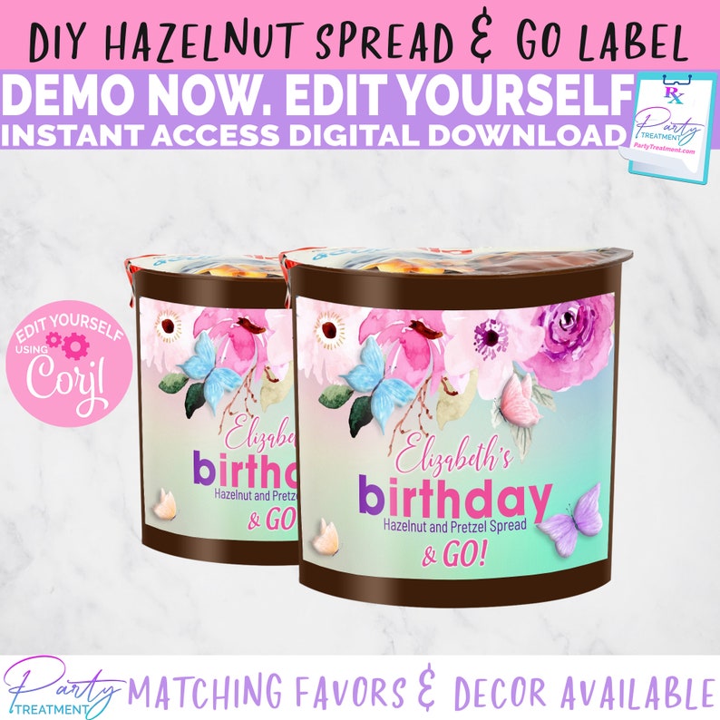 May include: Two hazelnut and pretzel spread containers with floral and butterfly designs. The labels read "Elizabeth's birthday" and "Hazelnut and Pretzel Spread & GO!". The text "DIY Hazelnut Spread & Go Label" is at the top.